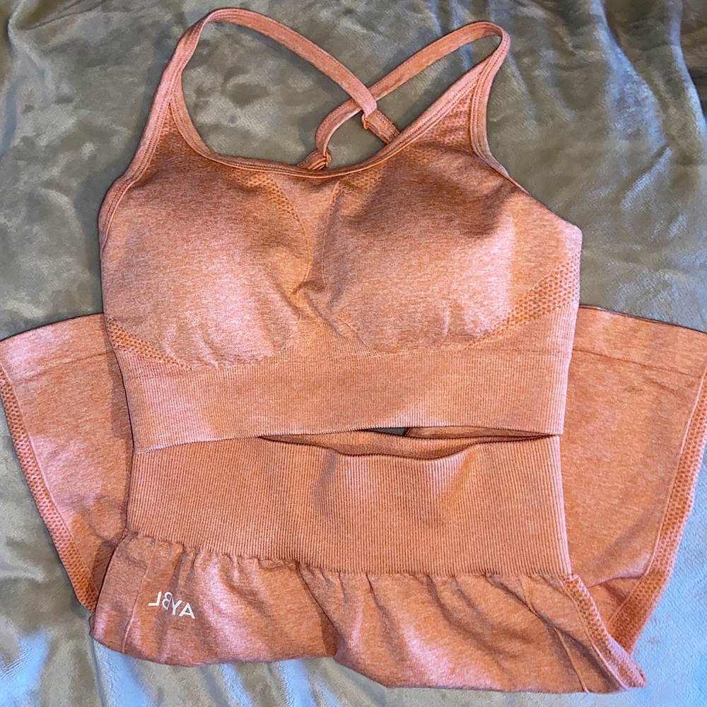 AYBL peach marl size small sports bra and shorts